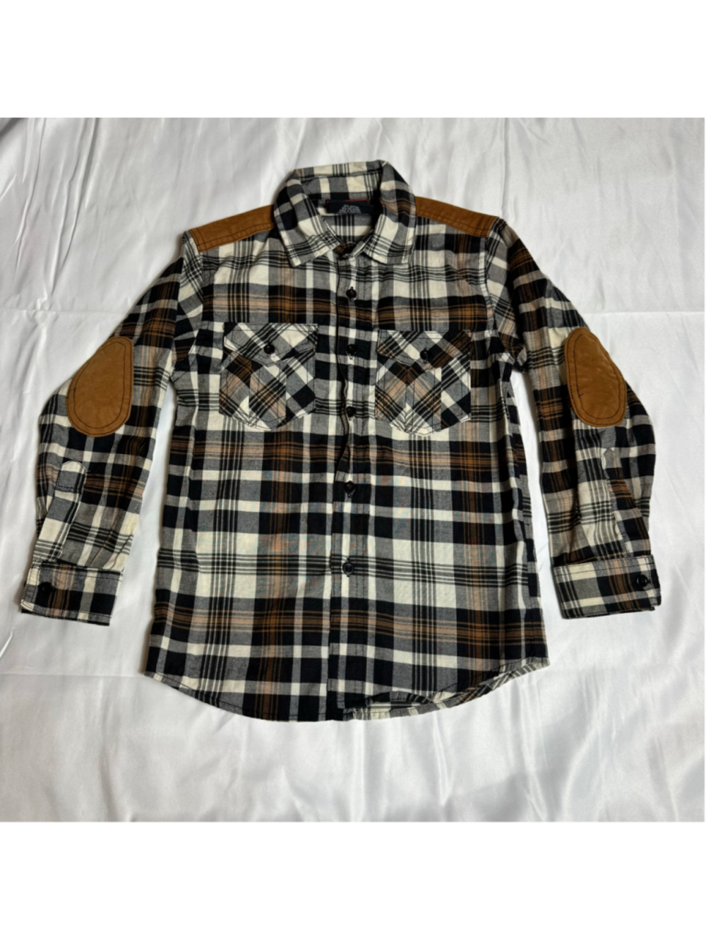Boy’s Red Ape Plaid Button Down Shirt 7 Black Brown Elbow Patches